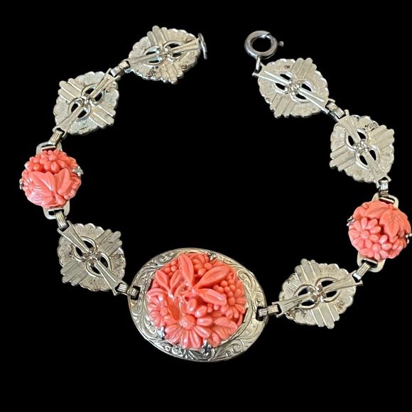Estate Jewelry - Art Deco Carved Glass Coral Color Link Bracelet 7.5” Sterling Finding